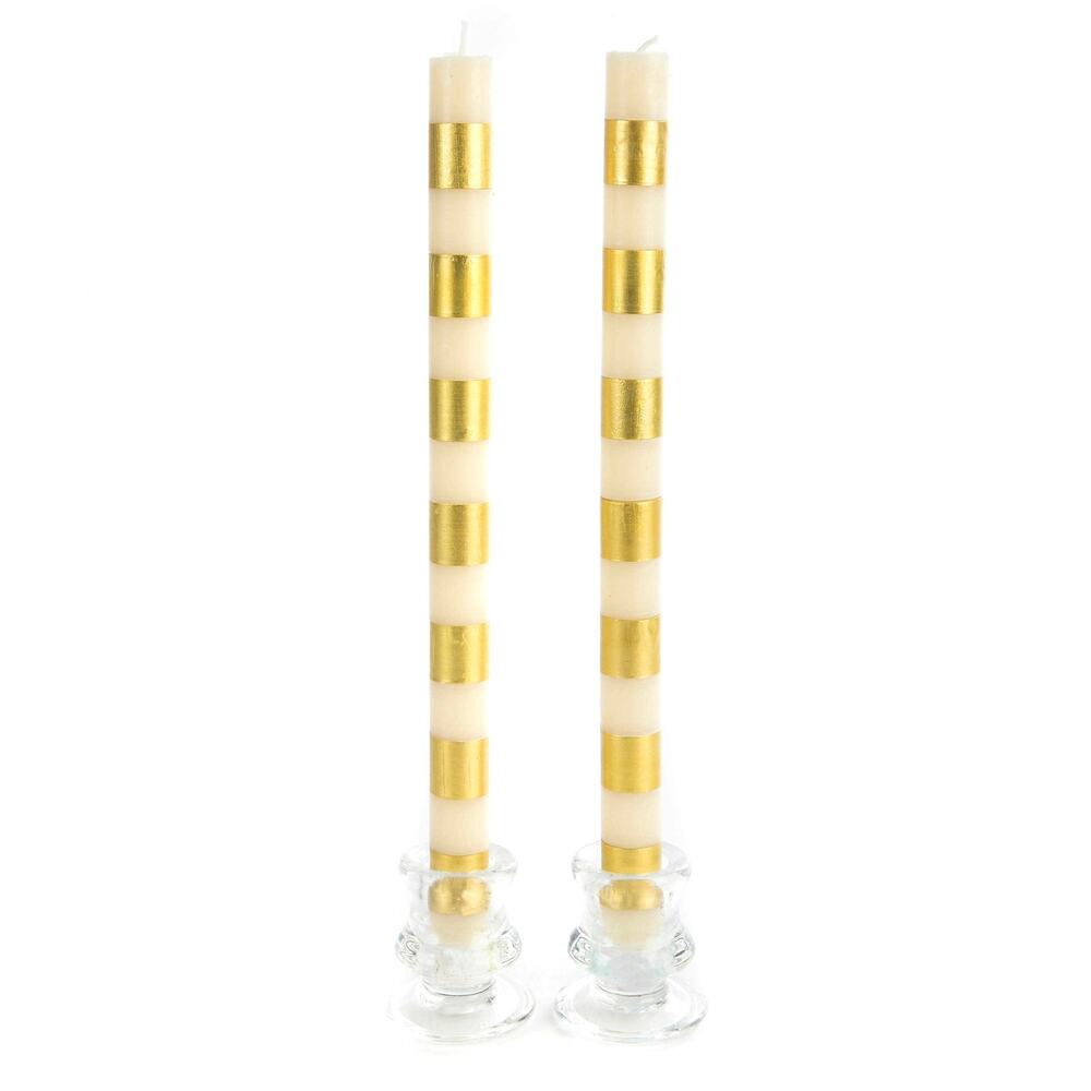 Brand New Mackenzie-Childs Bands Gold Dinner Candles, Set of 2